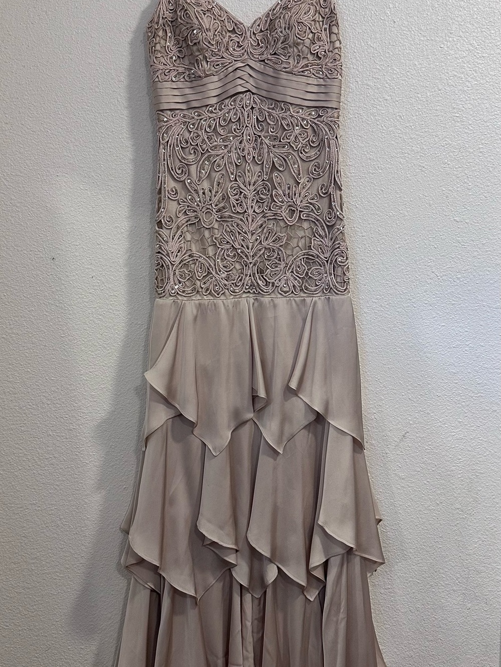 Sue Wong Adjustable Straps Embroidered Ruffle Gown - Taupe